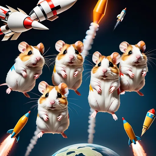 Prompt: Flock of flying hamsters with rockets on their backs