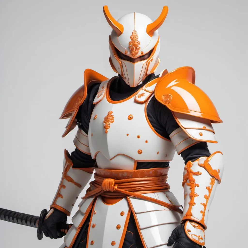 Prompt: an orange samurai with glowing orange katana in a sleek white armor and a cracked empty V shaped mask.