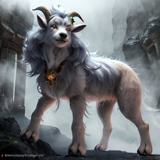 Prompt: Detailed 3D rendering of a mythical Cadejos, a dog like creature,with goat like horns, glowing golden eyes, fur made of ethereal mist, mystic and enchanting atmosphere, high quality, fantasy, ethereal, mythical, glowing eyes, misty fur, 3D rendering, enchanting, mystical lighting