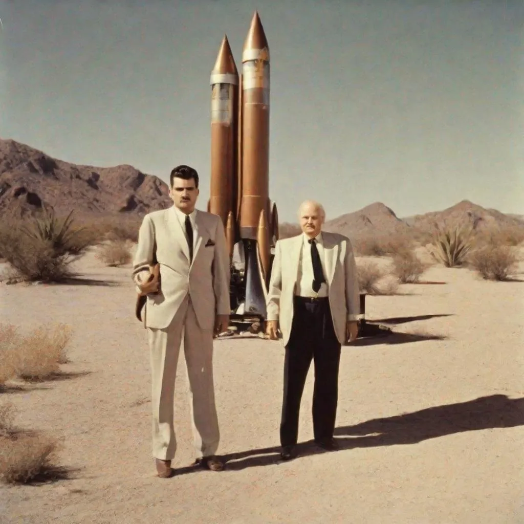 Prompt: The rocket scientist Jack Parsons and the founder of Scientology L Ron Hubbard opening portals in the desert