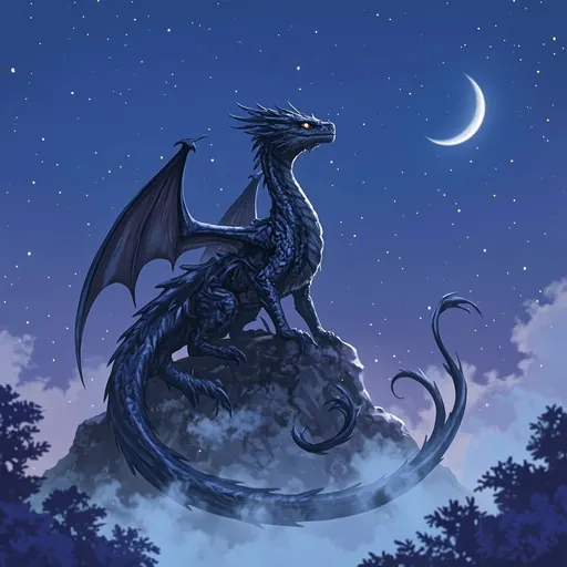 Prompt: A mesmerizing anime illustration featuring a wingless black dragon, its sleek, obsidian scales glistening as they catch the soft light of a crescent moon. The dragon sits poised atop a rocky outcrop, surrounded by misty clouds swirling around its multiple long tails, each one gracefully coiling and unfurling like tendrils of shadow in the night. Its large, luminous eyes reflect a sense of ancient wisdom and calm, curling upward into the star-dotted sky. The peaceful ambiance of twilight is enhanced by shimmering stars above and the cool, gentle breeze that causes the surrounding foliage to sway softly, creating a captivating contrast against the dragon's dark form. This scene thrives in a cinematic lighting style, capturing both the ethereal beauty and mythical allure of this enigmatic creature.