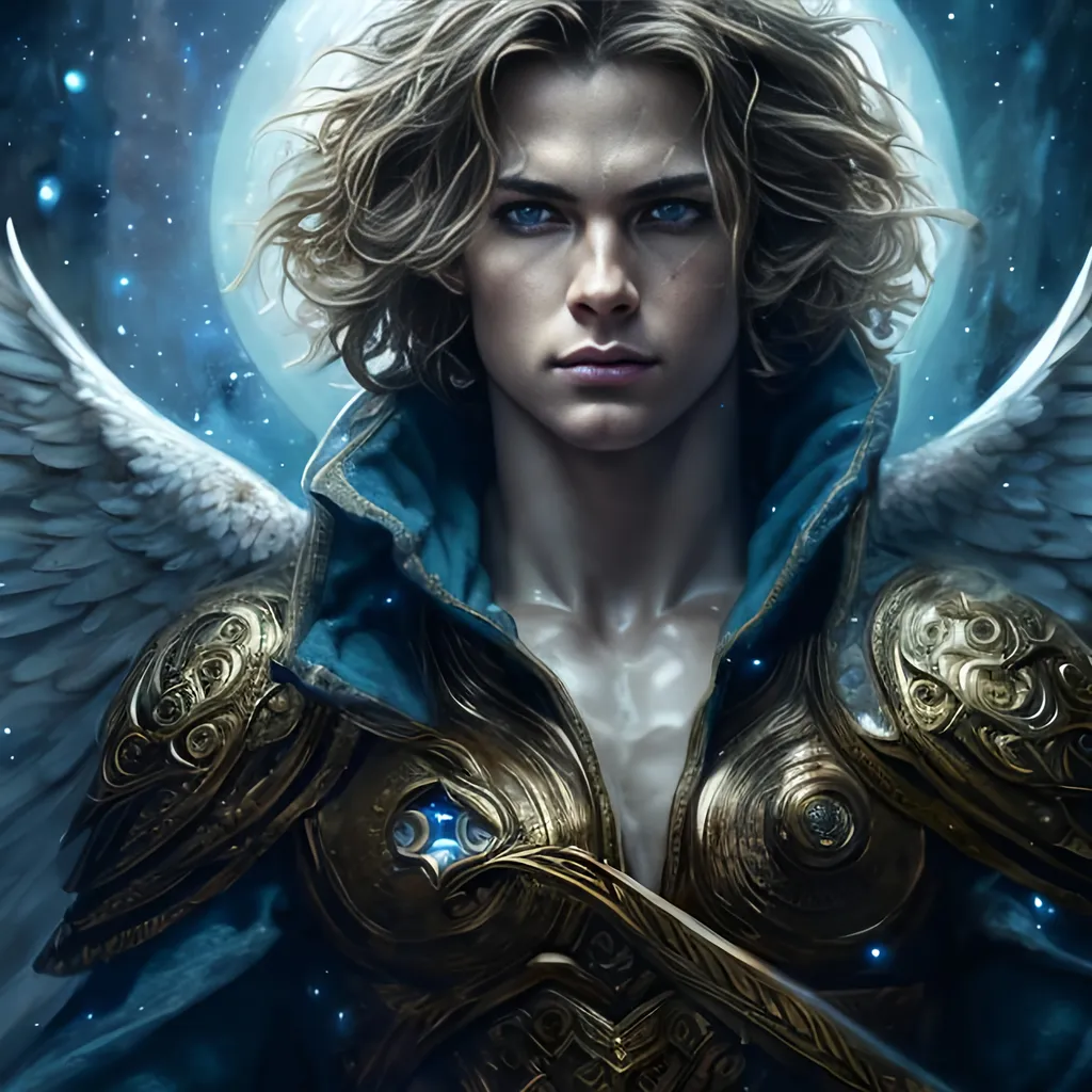 Prompt: Angelic male with blue liquid eyes,  wavy hair, beige tunic, muscular, prominent jawline, three bright stars above left eyebrow, highres, detailed, fantasy, ethereal, dramatic lighting, intense gaze, heavenly, detailed feathers, masculine, atmospheric lighting, fantasy