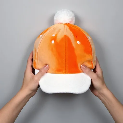 Prompt: Hands touching orange and white plush hat