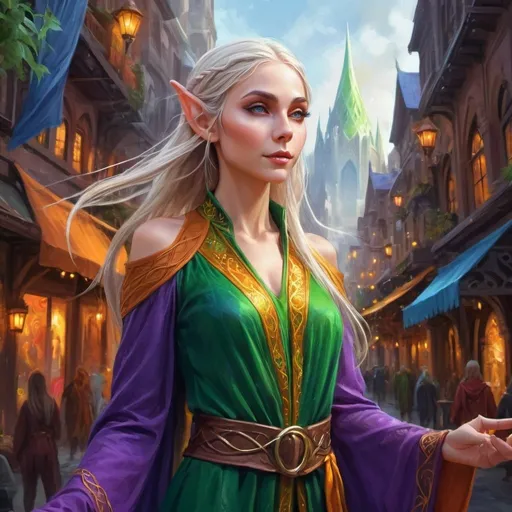 Prompt: Elf in city, digital painting, vibrant and colorful, magical aura, detailed elven features, flowing robes, urban fantasy setting, high quality, fantasy, digital art, vibrant colors, detailed facial features, flowing clothing, magical atmosphere