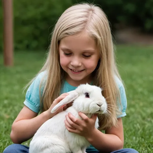 Prompt: a eight year old blonde girl with long hair playing with a bunny

