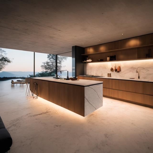 Prompt: Evening scene of a modern but minimalistic island kitchen with professional lighting design, diffused light, wooden shelves with marble top, sitting space, night time, show whole space in perspective cove and floor lighting 