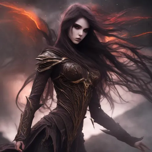 Prompt: <mymodel>Else sister with fiery and dark powers, high-res, detailed, fantasy, dark fantasy, cinematic lighting, intense gaze, ethereal, flowing outfit, mysterious, magical, dynamic pose, fiery accents, cool tones, dramatic shadows