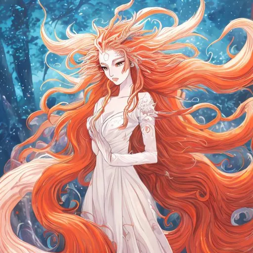 Prompt: Anime-style illustration of a nine-tailed fox girl with long flowing hair, vibrant orange fur with white accents, mystical forest setting, ethereal glowing tails, detailed facial features, high quality, anime, fantasy, vibrant color palette, flowing hair, mystical, detailed eyes, mystical setting, nine tails, ethereal lighting