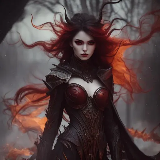Prompt: <mymodel>Else sister with fiery and dark powers, high-res, detailed, fantasy, dark fantasy, cinematic lighting, intense gaze, ethereal, flowing outfit, mysterious, magical, dynamic pose, fiery accents, cool tones, dramatic shadows
