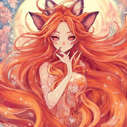 Prompt: Anime illustration of a fox girl with nine tails and long flowing hair, vibrant and colorful, detailed eyes and facial features, soft and ethereal lighting, high quality, anime, fantasy, nine tails, long hair, vibrant colors, detailed eyes, ethereal lighting, flowy design