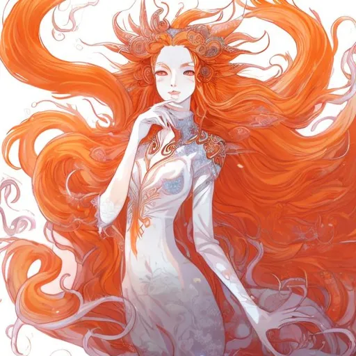 Prompt: Anime-style illustration of a nine-tailed fox girl with long flowing hair, vibrant orange fur with white accents, mystical forest setting, ethereal glowing tails, detailed facial features, high quality, anime, fantasy, vibrant color palette, flowing hair, mystical, detailed eyes, mystical setting, nine tails, ethereal lighting