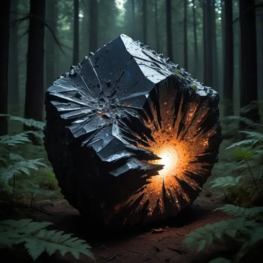 Prompt: a massive, crystalline meteorite that emits an eerie, pulsating glow. Its surface is covered in jagged, otherworldly patterns, and its light flickers unsettlingly, casting long, distorted shadows that dance unnaturally.
In the middle of a forest where all the trees and plants are as big as skyscrapers and make it look like a horror anolog picture make it dark 