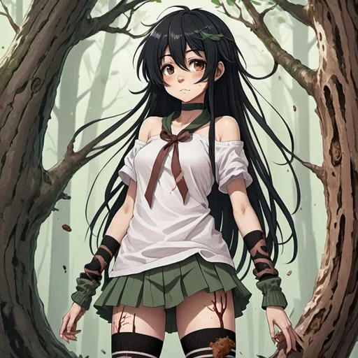 Prompt: Cute anime tomboy with black hair disguises herself as a tree with meat ribbons spilling out of her neck and sap dripping across her collarbones. She's wearing thigh-high socks that look like tree bark and is really embarrassed.