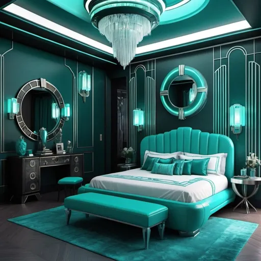 Prompt: Art deco cyberpunk luxury bedroom. Teal and aquamarine.