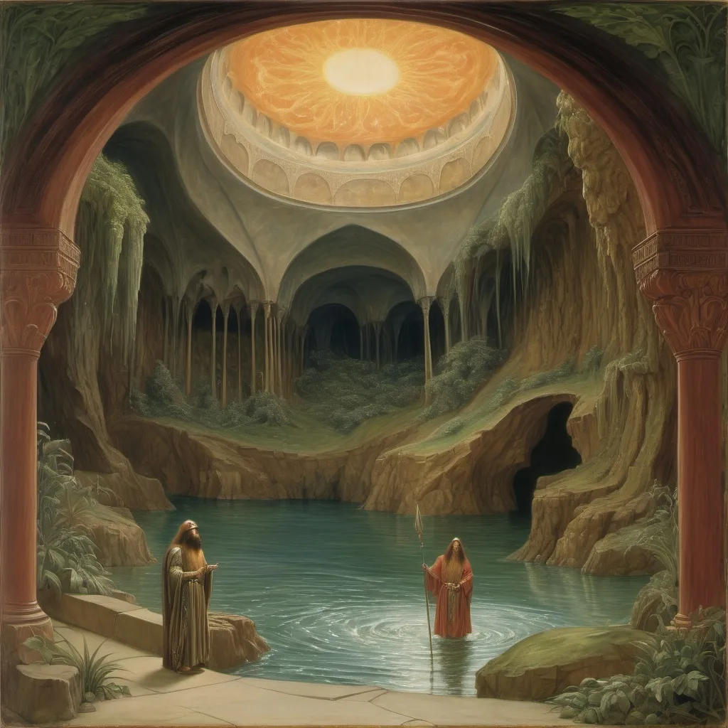 Prompt: Pre-Raphaelite painting of In Xanadu did Kubla Khan A stately pleasure-dome decree: Where Alph, the sacred river, ran Through caverns measureless to man Down to a sunless sea.