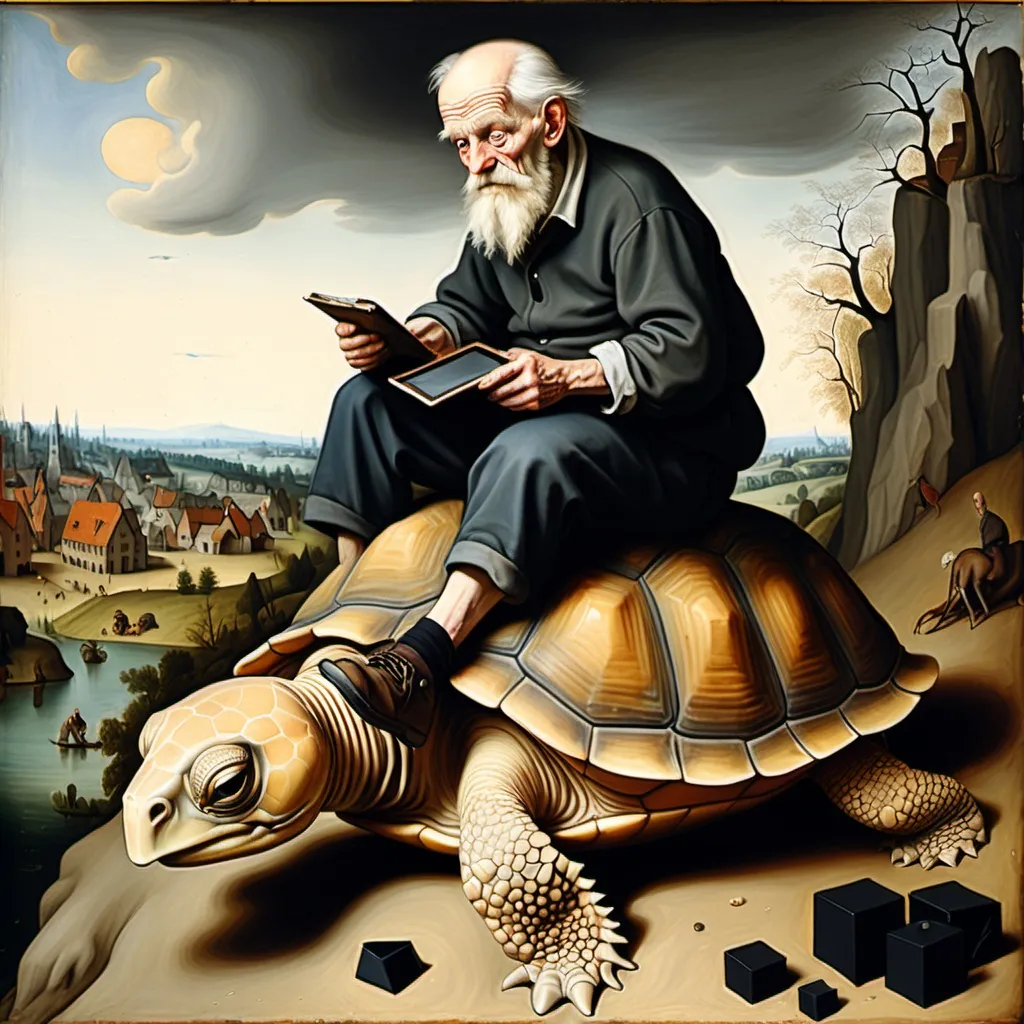 Prompt: Painting in the style of Pieter Brueghel : Haggard Old man sitting on a demonic beige turtle, holding a black cube.