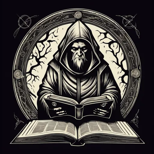 Prompt: woodcut grimoire monk