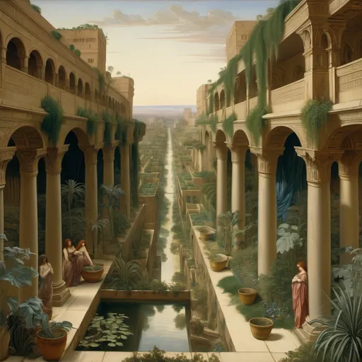 Prompt: Pre-Raphaelite painting of Hanging gardens of Babylon