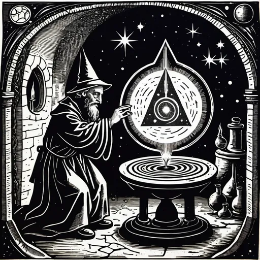 Prompt: Alchemical woodcut drawing of alchemist discovering the philosopher's stone.