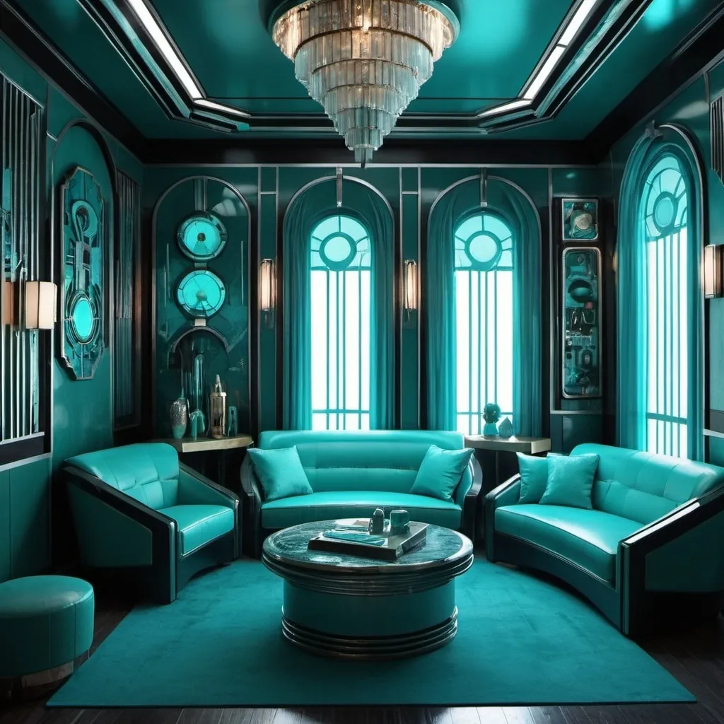 Prompt: Art deco cyberpunk luxury den. Teal and aquamarine.