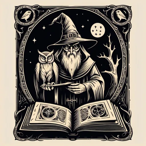 Prompt: woodcut grimoire of a wizard with an owl.