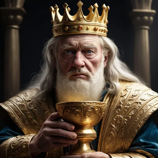 Prompt: Weakened Old King has a vision of a brilliant young king while holding a golden chalice.