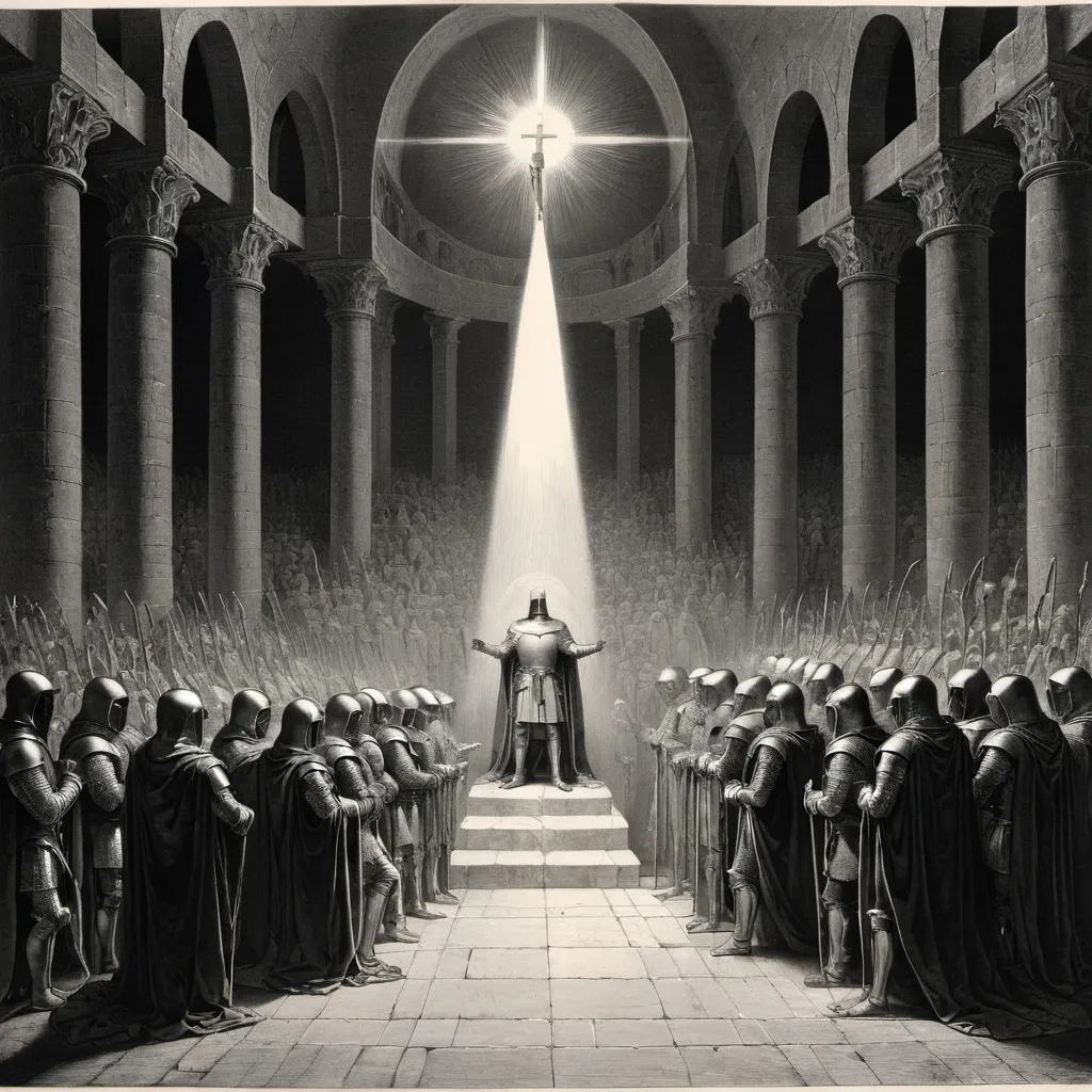 Prompt: Gustave Doré engraving of the Holy Grail in all its brilliance. Knights kneel in front of it.