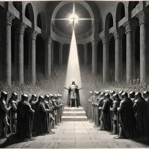 Prompt: Gustave Doré engraving of the Holy Grail in all its brilliance. Knights kneel in front of it.