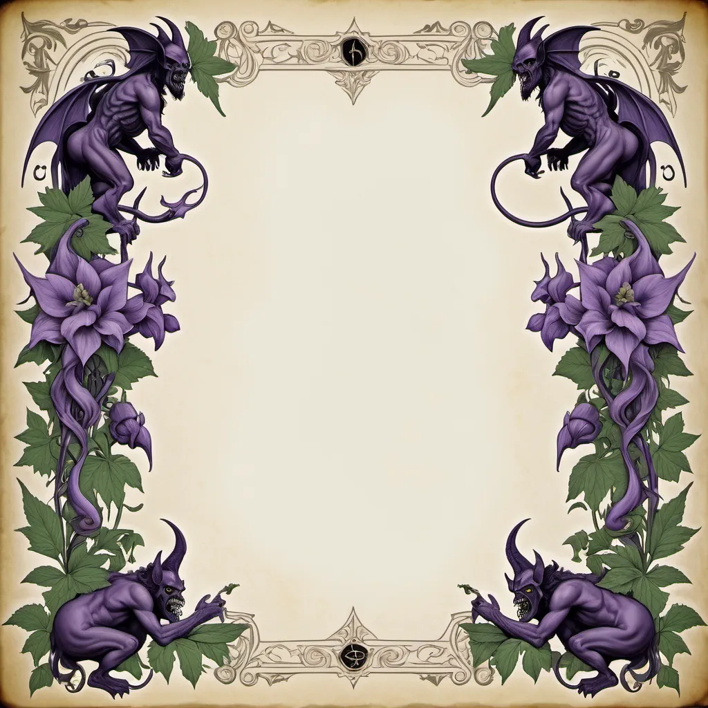 Prompt: scary floral grimoire page border with monkshood flowers and demons