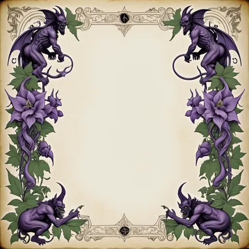 Prompt: scary floral grimoire page border with monkshood flowers and demons