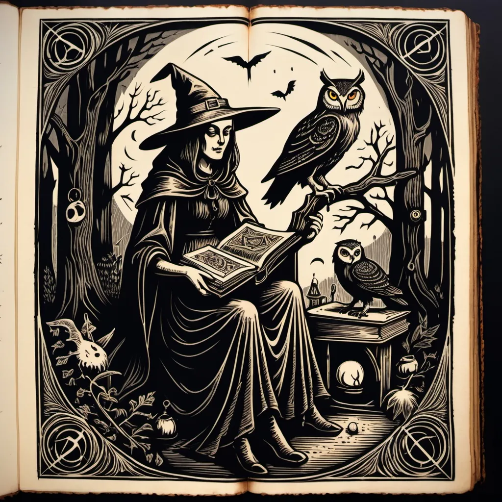 Prompt: woodcut grimoire of a witch with an owl.