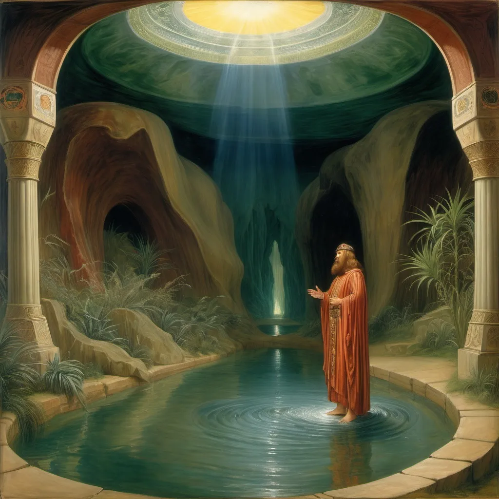 Prompt: Pre-Raphaelite painting of In Xanadu did Kubla Khan A stately pleasure-dome decree: Where Alph, the sacred river, ran Through caverns measureless to man Down to a sunless sea.