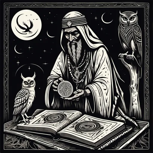 Prompt: woodcut grimoire of an arab shaman with an owl.