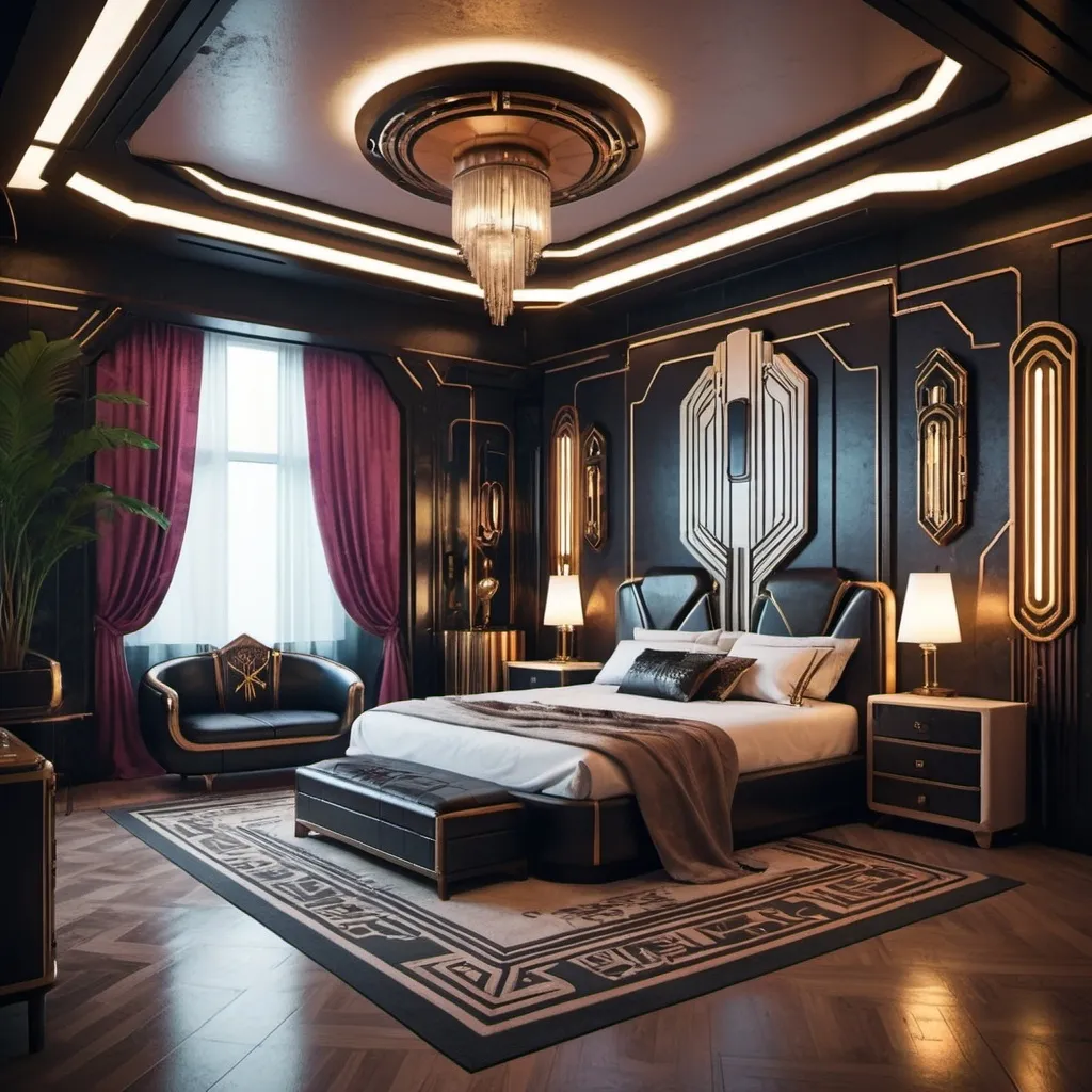 Prompt: Art deco cyberpunk luxury bedroom