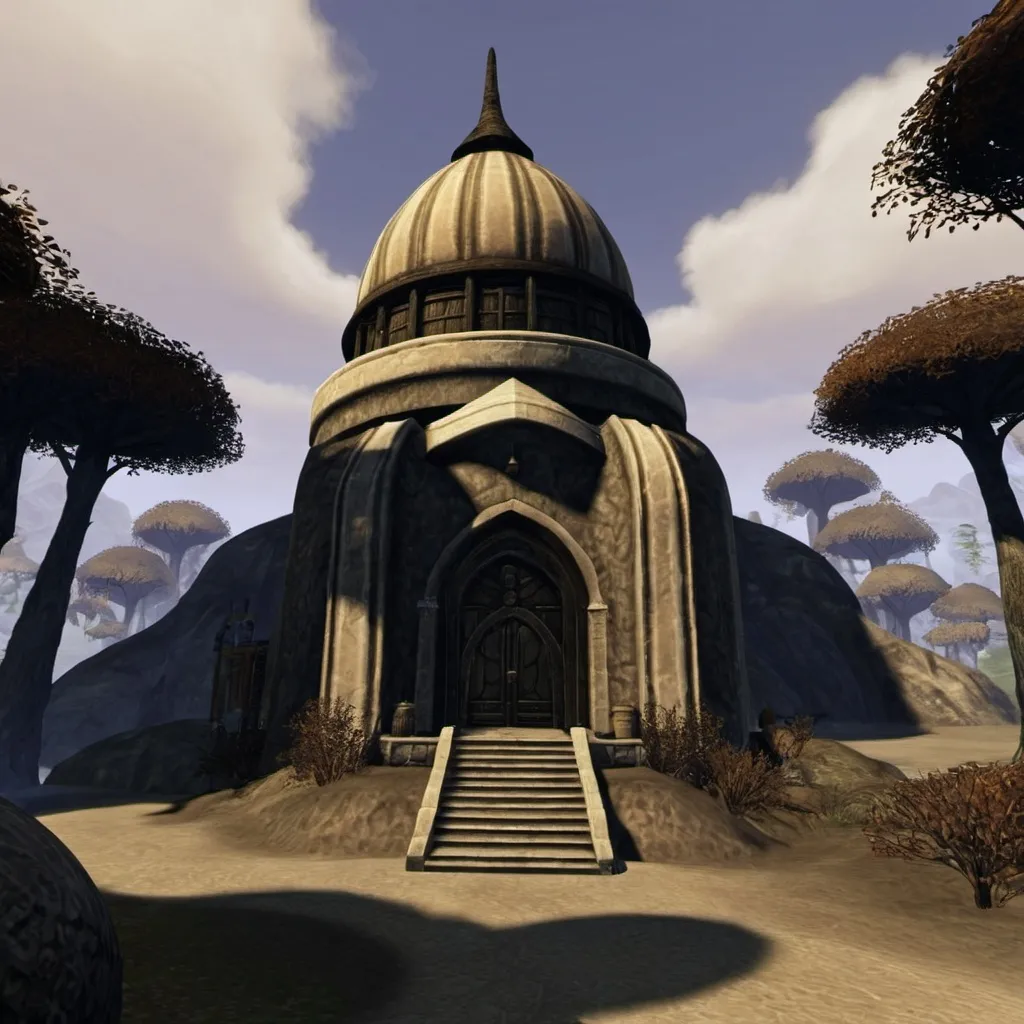 Prompt: Morrowind Dwemer wizard's palace exterior with domed roof.