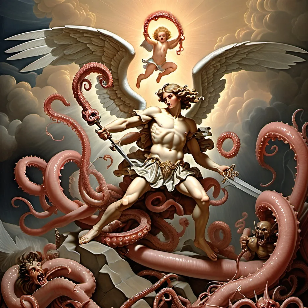 Prompt: Brilliant angel St.Michael battling a horrendous tentacled demon.