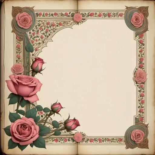 Prompt: persian floral grimoire page border with Rose flowers