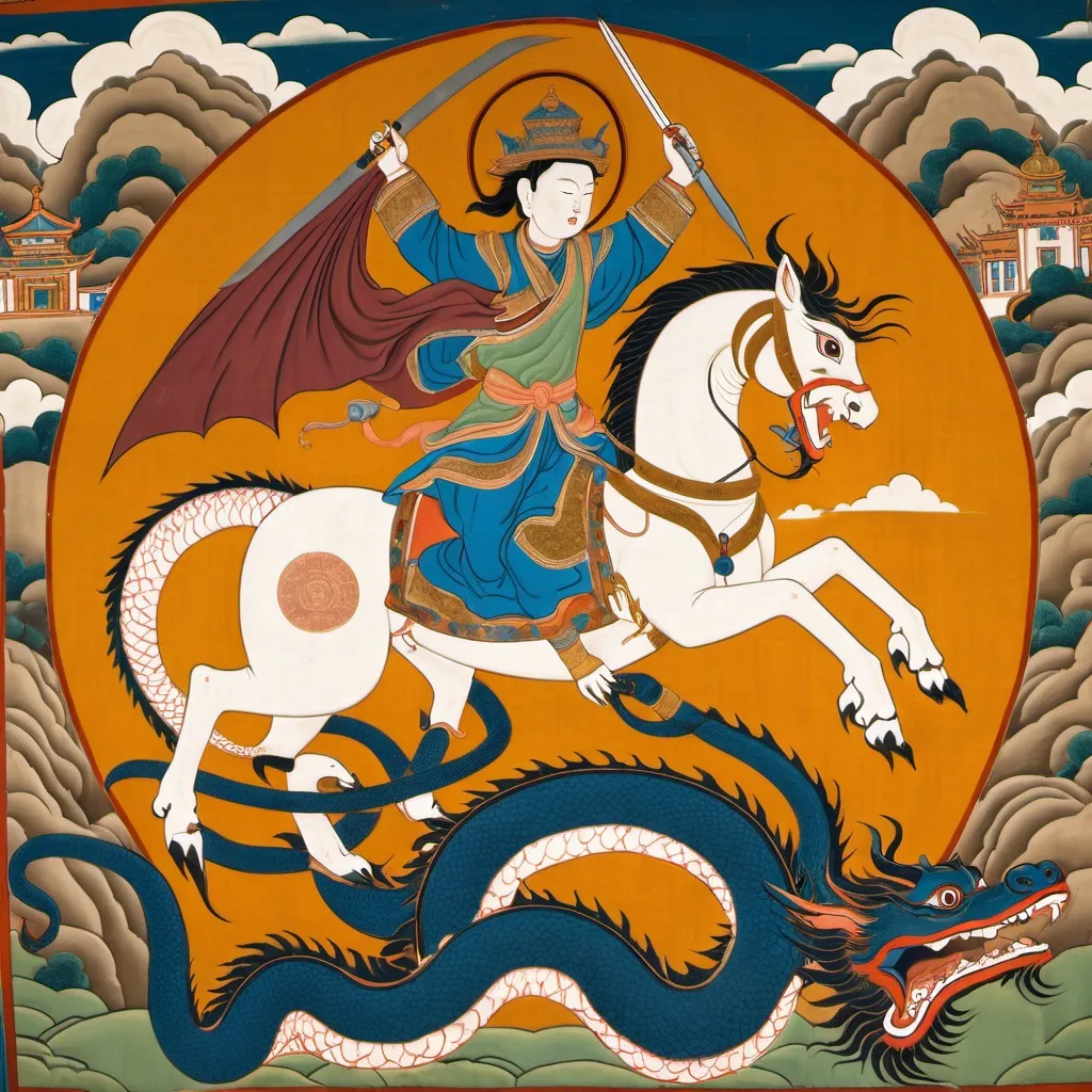 Prompt: Thangka of St.George slaying a dragon with a sword.