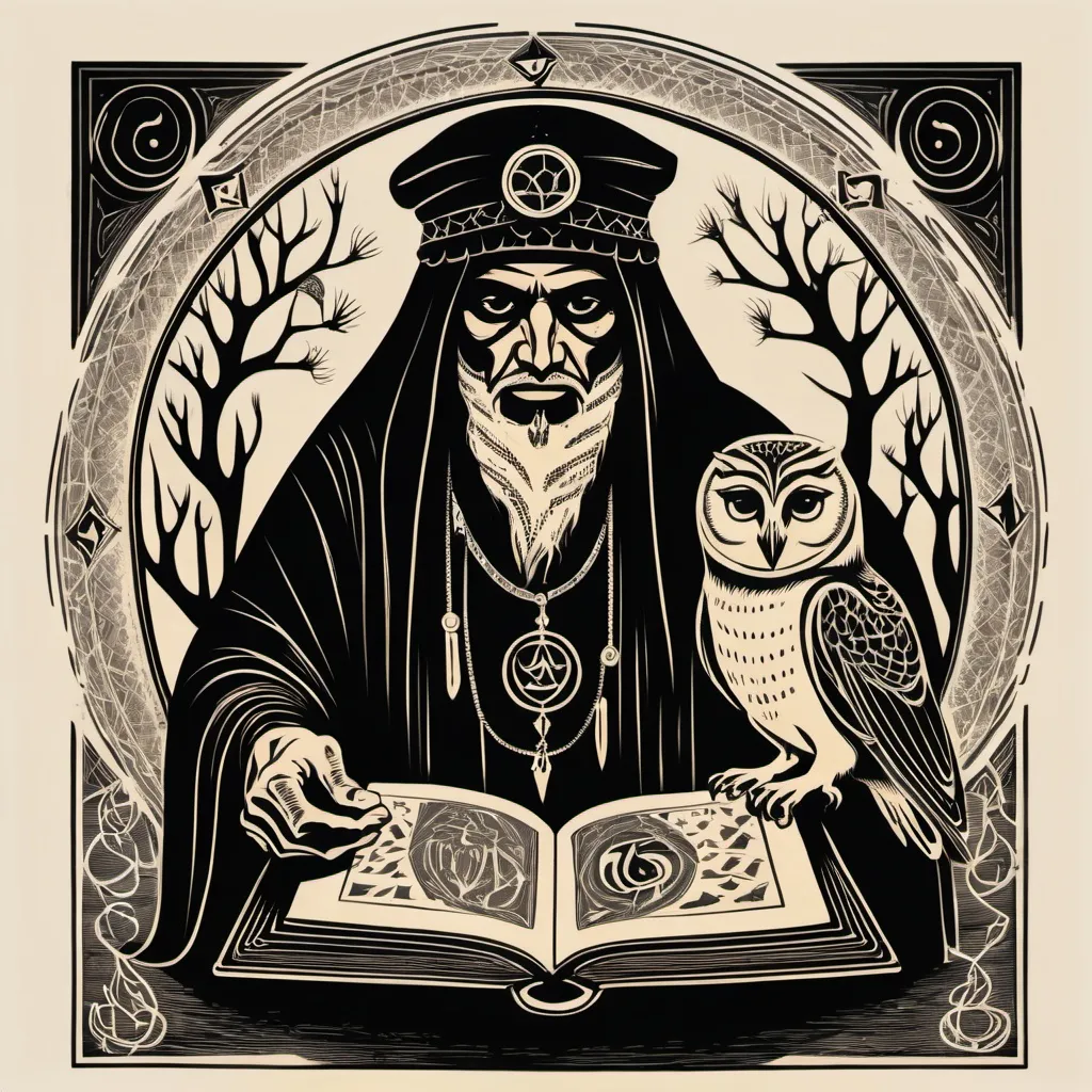 Prompt: woodcut grimoire of an arab shaman with an owl.