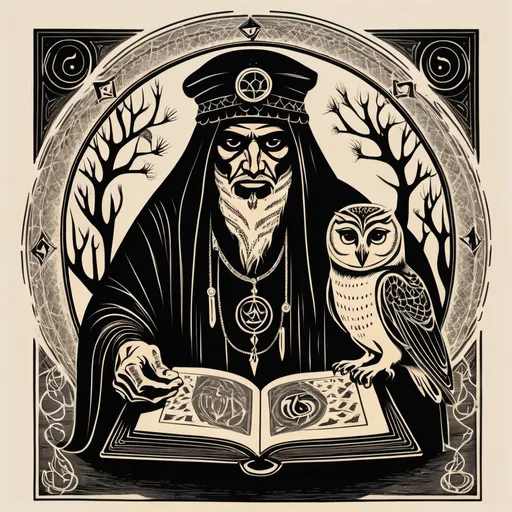 Prompt: woodcut grimoire of an arab shaman with an owl.