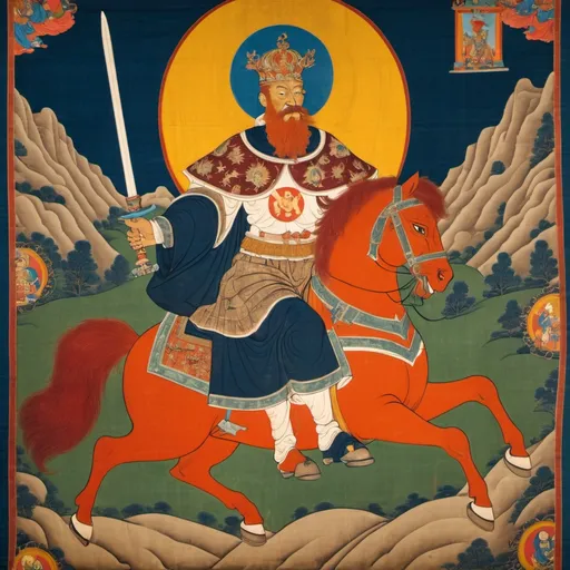 Prompt: Thangka of Frederick Barbarossa with red beard and globus cruciger, riding a horse and holding a sword.