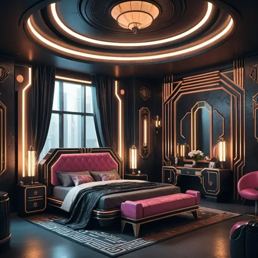 Prompt: Art deco cyberpunk luxury bedroom