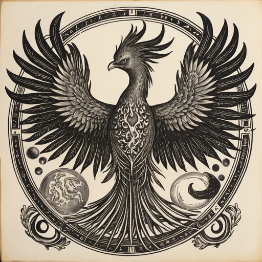 Prompt: woodcut drawing of alchemical phoenix