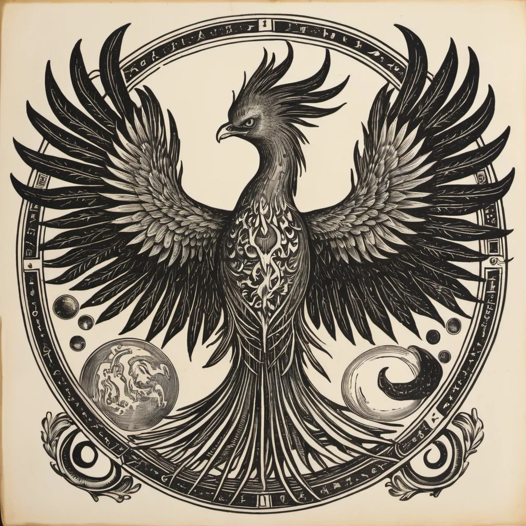 Prompt: woodcut drawing of alchemical phoenix