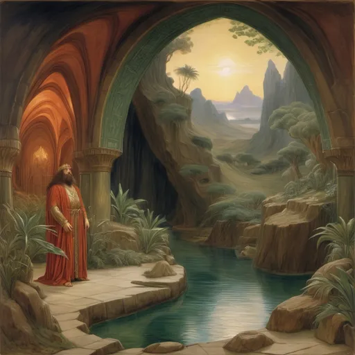 Prompt: Pre-Raphaelite painting of In Xanadu did Kubla Khan A stately pleasure-dome decree: Where Alph, the sacred river, ran Through caverns measureless to man Down to a sunless sea.