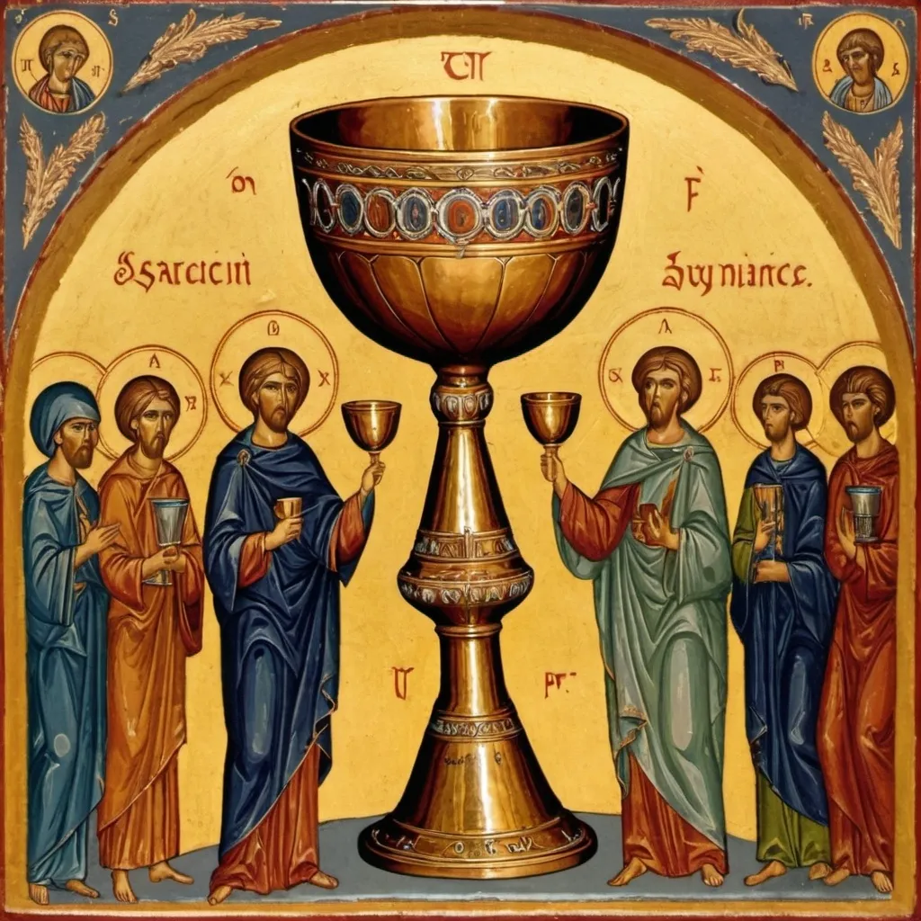 Prompt: Byzantine art of sacred chalice