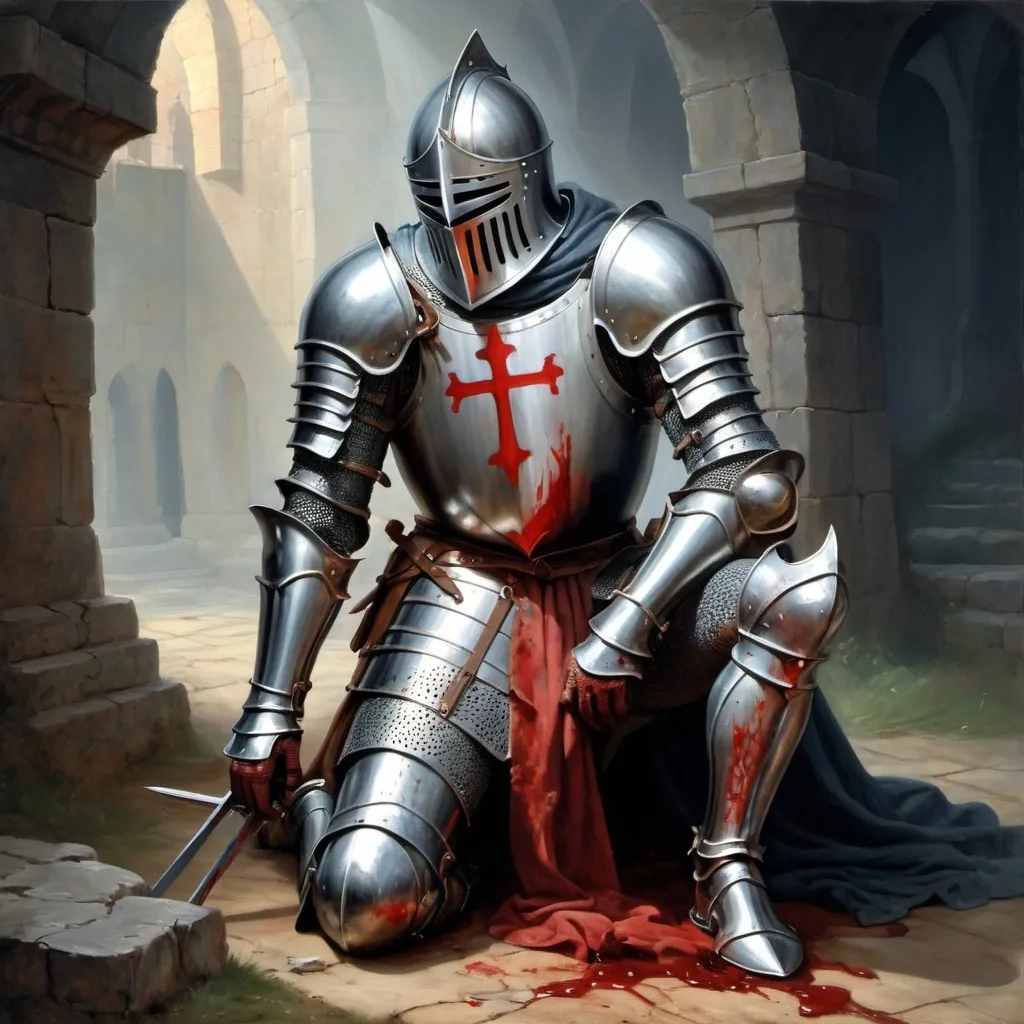 Prompt: Fantasy Painting of Anfortas the knight in agony from the bleeding wound in his thigh. From Arthurian legend.