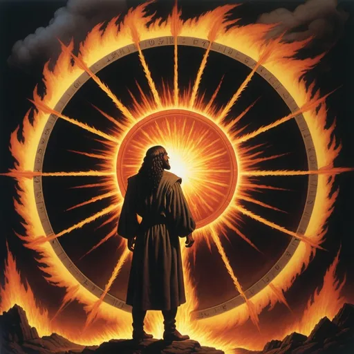 Prompt: 80s dark fantasy Ezekiel seeing a  Biblical wheel of fire.