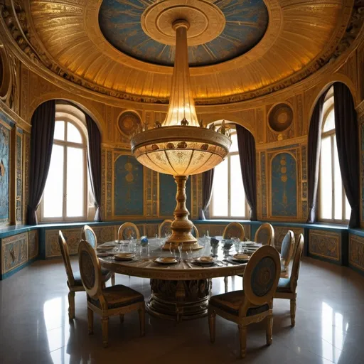 Prompt: Arthurian Uzbek Mongol futuristic mythic dining room. Versailles.