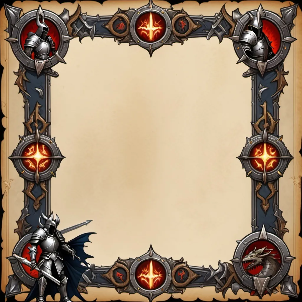 Prompt: Diablo style grimoire page border with knights and dragons.